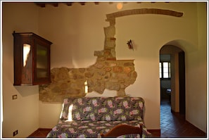 A room with a stone wall, a wooden cabinet, and a patterned sofa.
