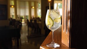 A glass of iced beverage with lime slices on a wooden bar counter in a restaurant. - Világos Hotel Balatonvilágos (Balatonvilagos)