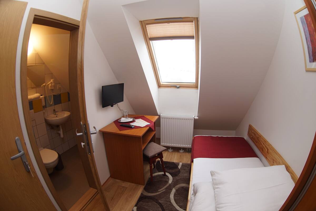 A small, triangular room with a bed, a desk with a chair, a television, a window, and a bathroom.