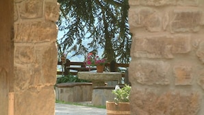 An outdoor stone archway leading to a stone bench area with potted plants and flowers. - Casa Reda - Posada de Viñón (Cillorigo de Liebana)