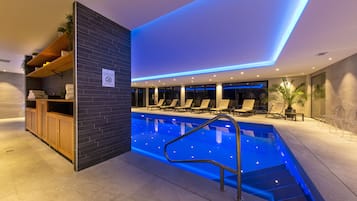 Indoor pool, open 9:00 AM to 8:00 PM, pool umbrellas, sun loungers