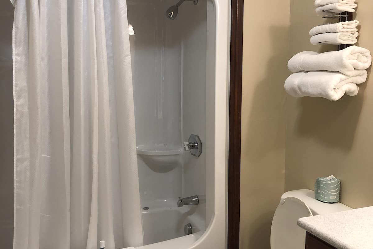 deluxe, 1 queen, fireplace | bathroom | combined shower/bathtub, deep-soaking bathtub, rainfall showerhead