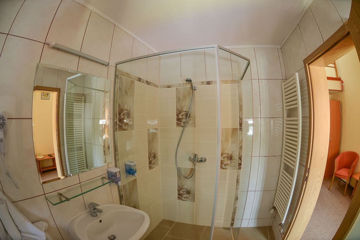 Une salle de bain avec une douche à parois de verre, un lavabo et un miroir.