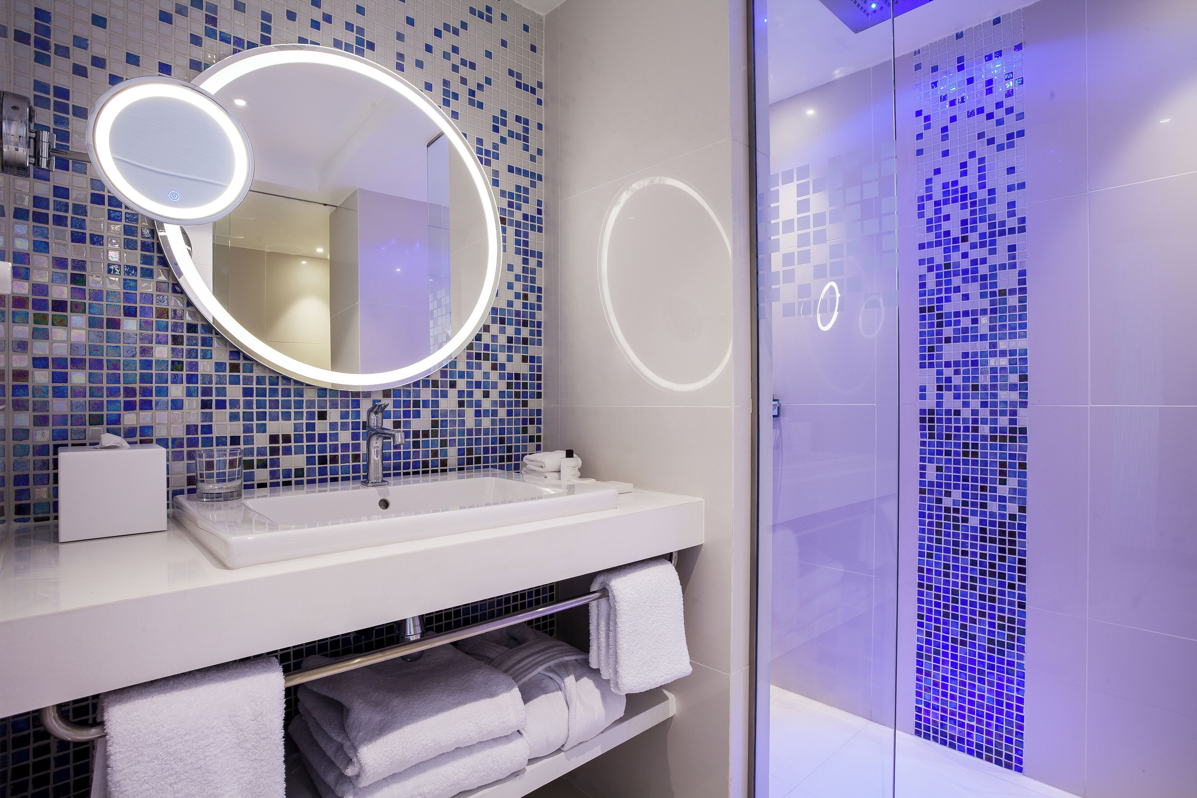 shower, designer toiletries, hair dryer, bathrobes