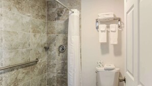 Une salle de bain équipée d’une douche, de toilettes et d’un porte-serviettes.