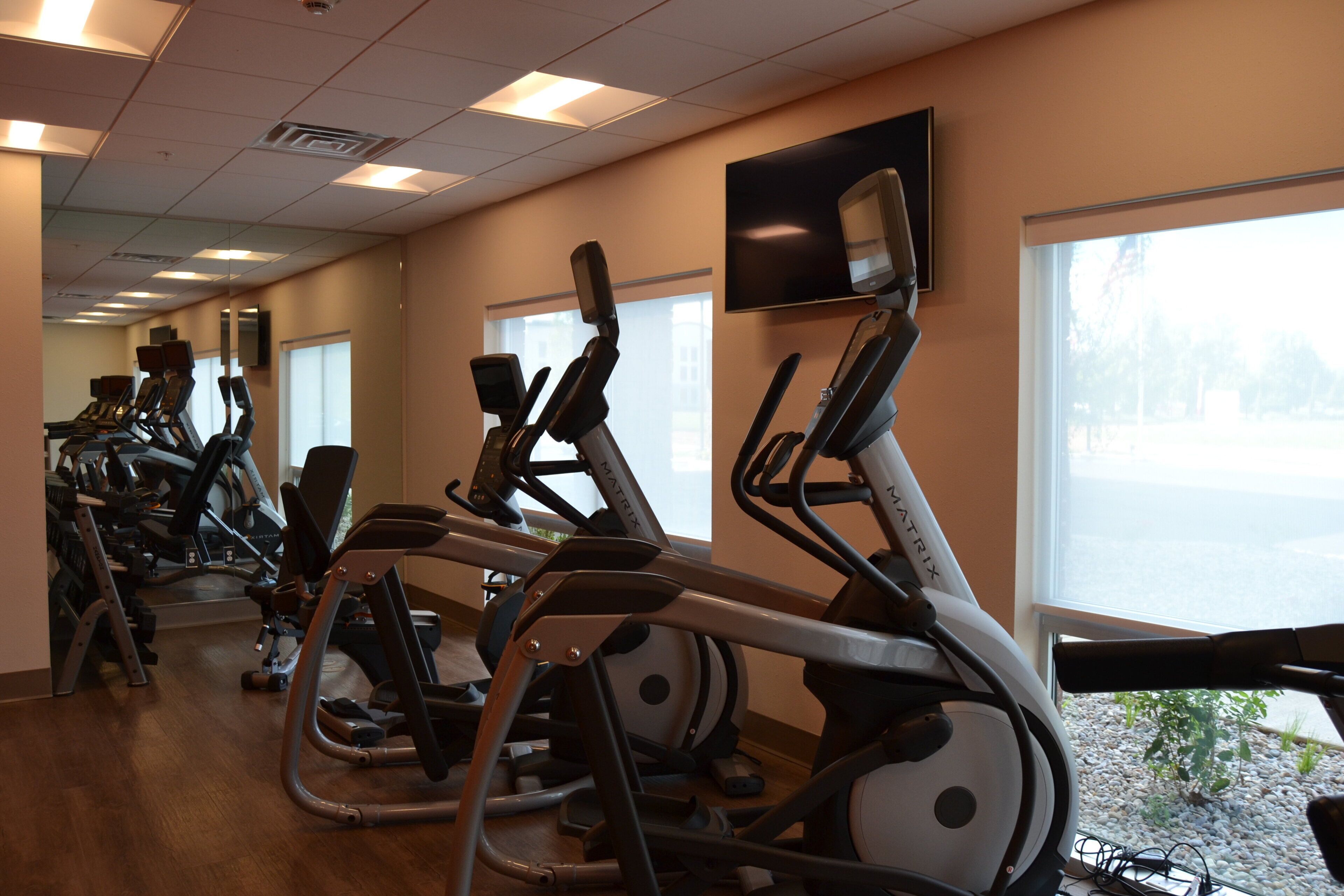 A row of stationary exercise bikes in a gym with large windows and a flat-screen TV on the wall.