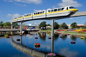 A monorail train on an elevated track above a body of water with floating flower arrangements. - Home2 Suites by Hilton Orlando South Park (Orlando)