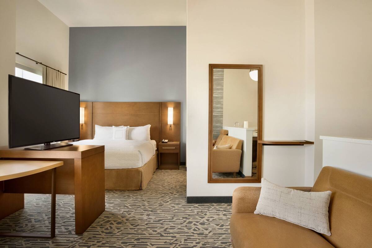 A hotel room with a bed, a desk with a television, a sofa, a mirror, and a bathroom visible through a door.