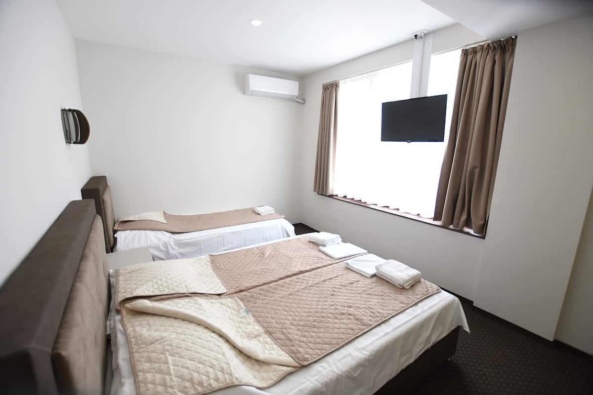 Quarto de hotel com duas camas, uma televisão de tela plana na parede e ar condicionado.