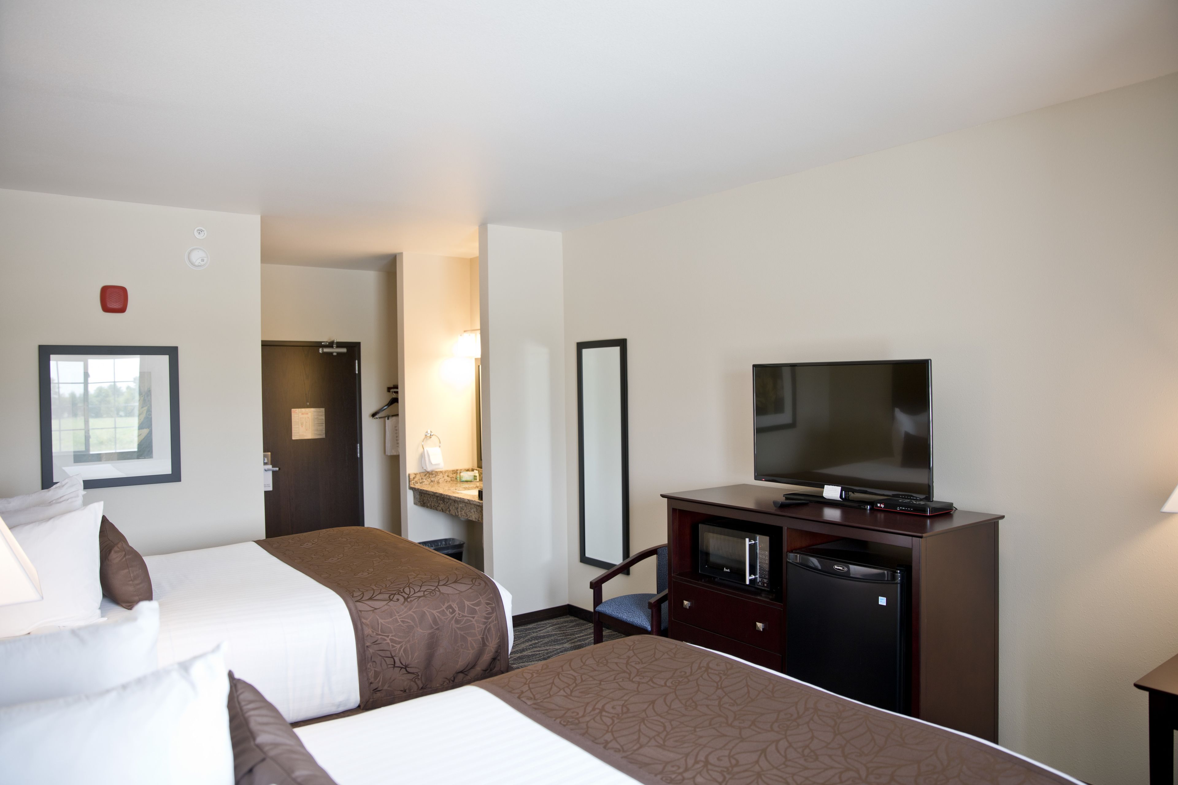 Habitación de hotel con dos camas, televisión, minibar y espejo.