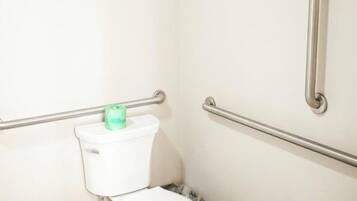 A small, white bathroom with a toilet, grab bars, and a toilet paper holder.