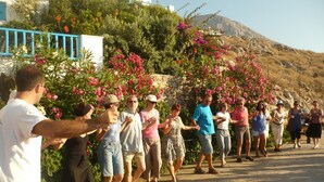 A group of people participating in an outdoor activity, possibly a dance or exercise class, on a paved path with a mountainous backdrop and flowering plants. - Filoxenia (Amorgos)