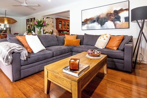 Smart TV, fireplace, books, video library