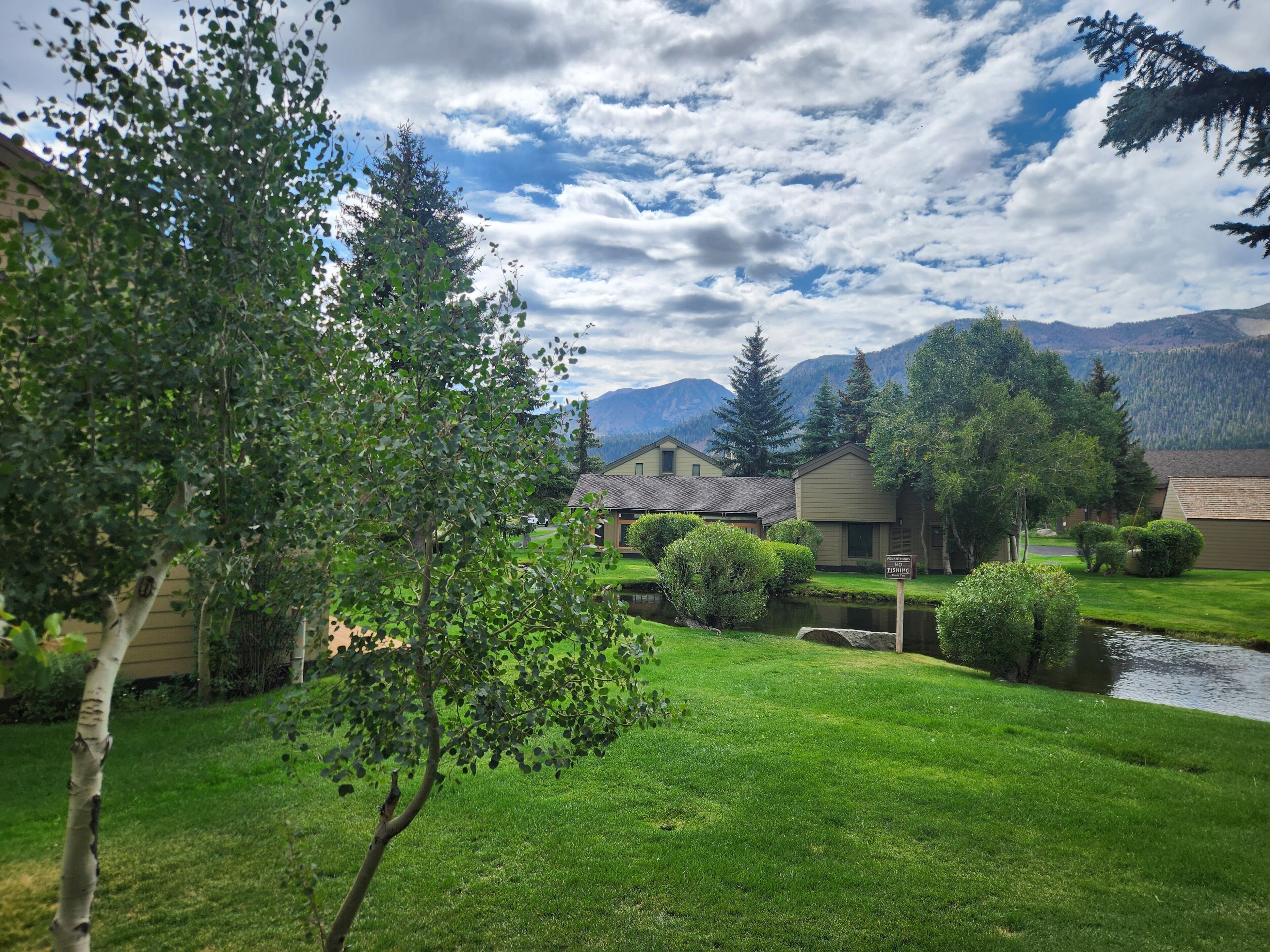A residential area with houses, a small pond, and mountains in the background.