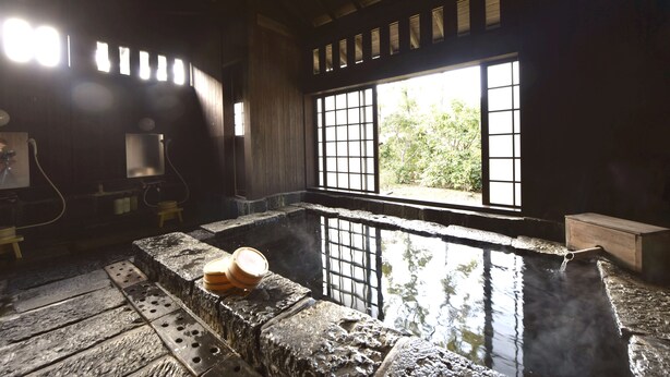 Un onsen japonés tradicional con un baño de piedra, vigas de madera y vistas al exterior con vegetación.