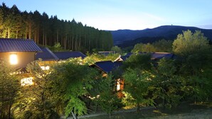 Un pueblo japonés tradicional con casas de madera, rodeado de un bosque denso y colinas al fondo.