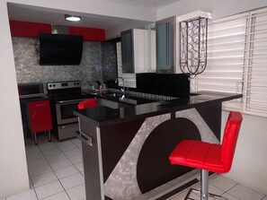 Fridge, microwave, oven, stovetop