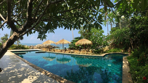 Une piscine d’un bleu éclatant, agrémentée de parasols en chaume et de chaises longues en bois, entourée d’une végétation luxuriante et offrant une vue sur une côte rocheuse.