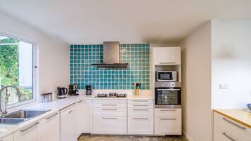 Frigorífico, microondas, horno y placa de cocina