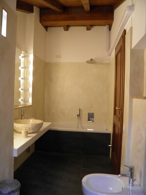 Ensemble baignoire-douche, articles de toilette (gratuits)