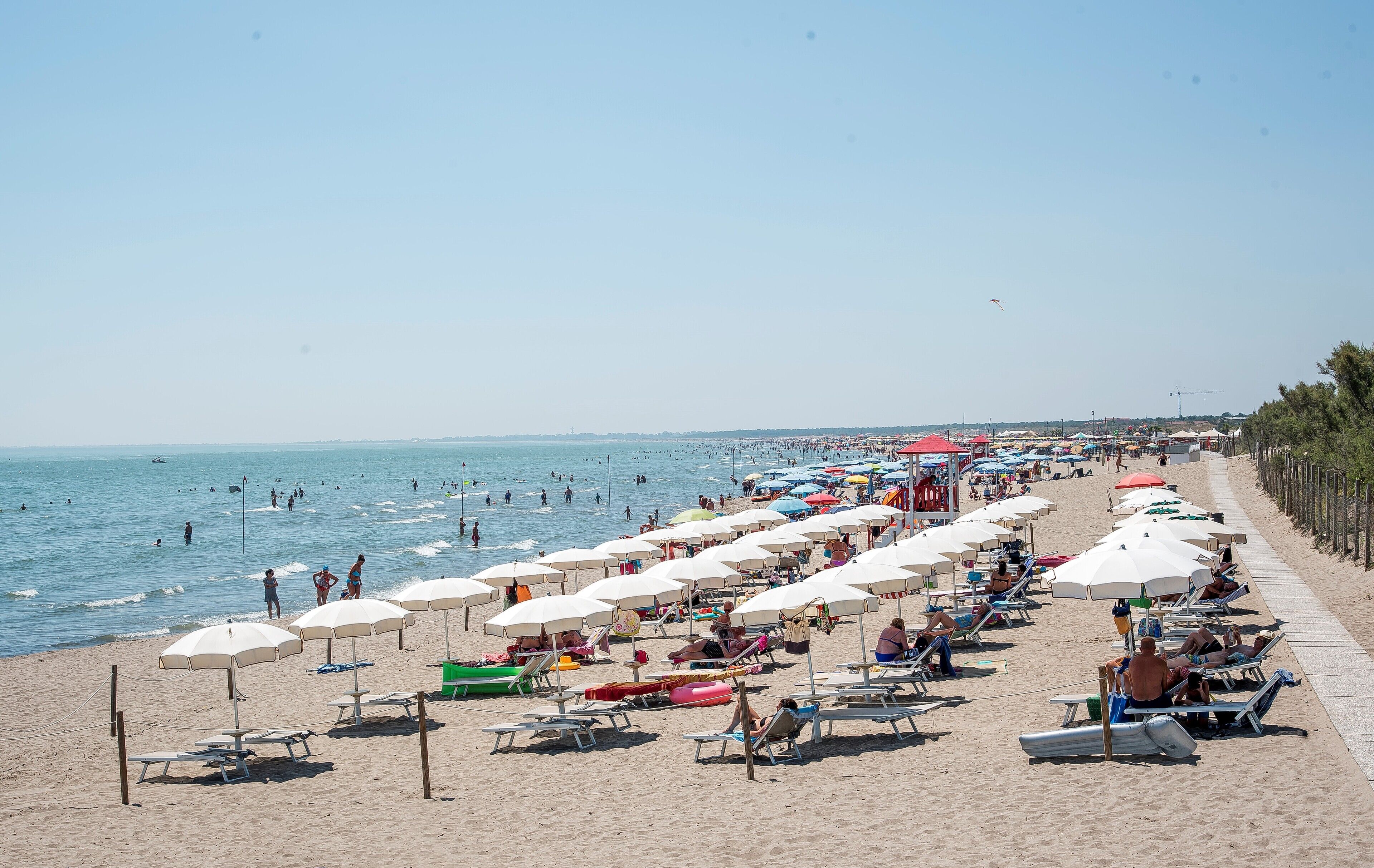 A beach with rows of sun umbrellas and lounge chairs along the shore.