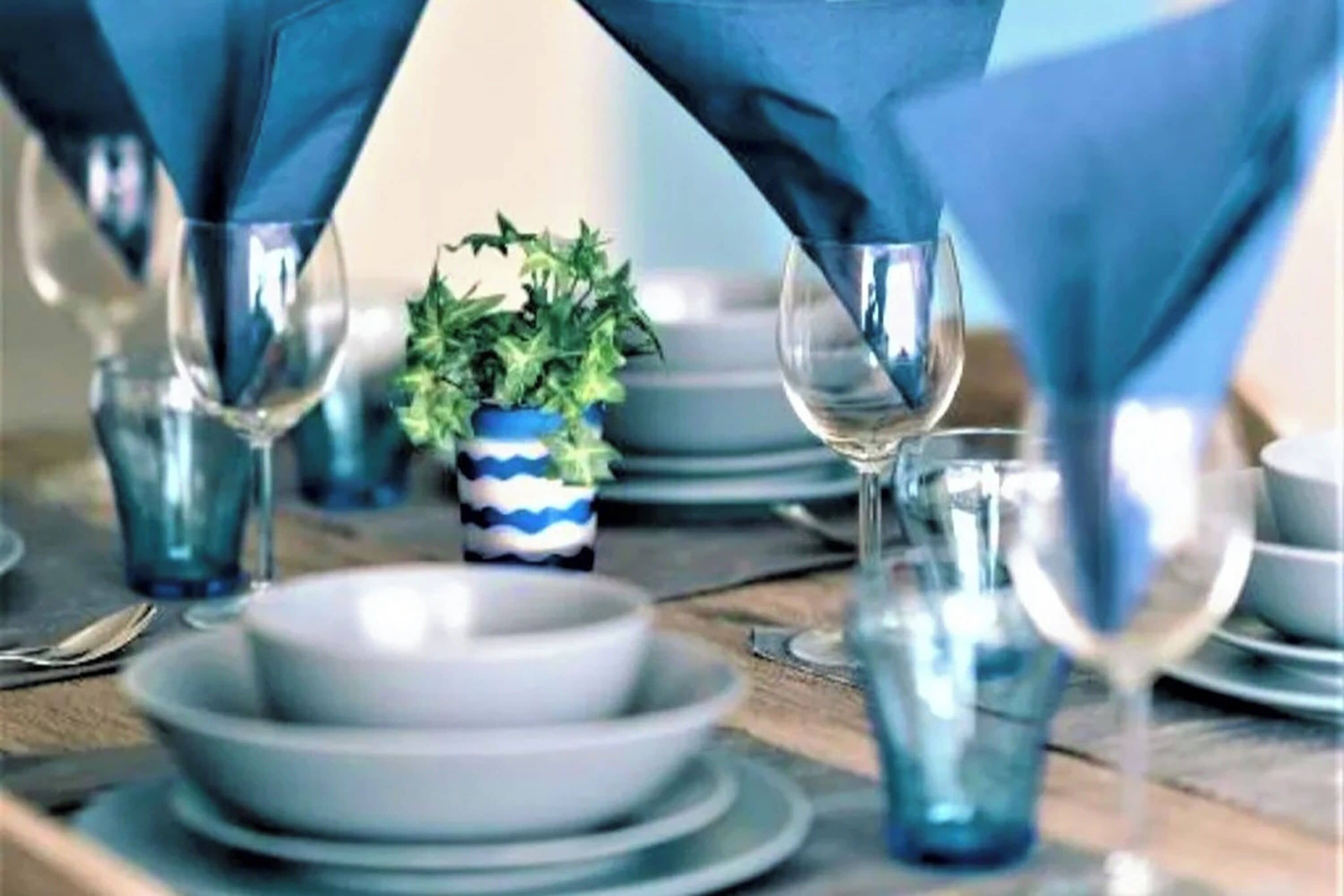A dining table set with plates, bowls, and glasses, with a small potted plant and blue napkins.