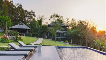 Outdoor pool, pool umbrellas, pool loungers