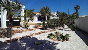 A courtyard with white walls, a blue door, and various plants including palm trees and shrubs. - Fully Air Conditioned Villa With Heated Pool Set In Large Landscaped Gardens (Alicante)