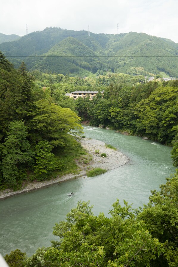 A river flowing through a forested area with hills in the background. - Okutamaji (Ome)