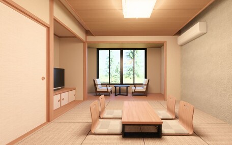 A room with a television, a table, and four chairs.