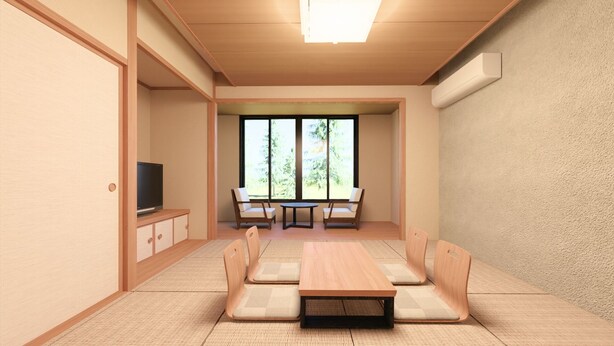 A room with a television, a table, and four chairs. - Okutamaji (Ome)
