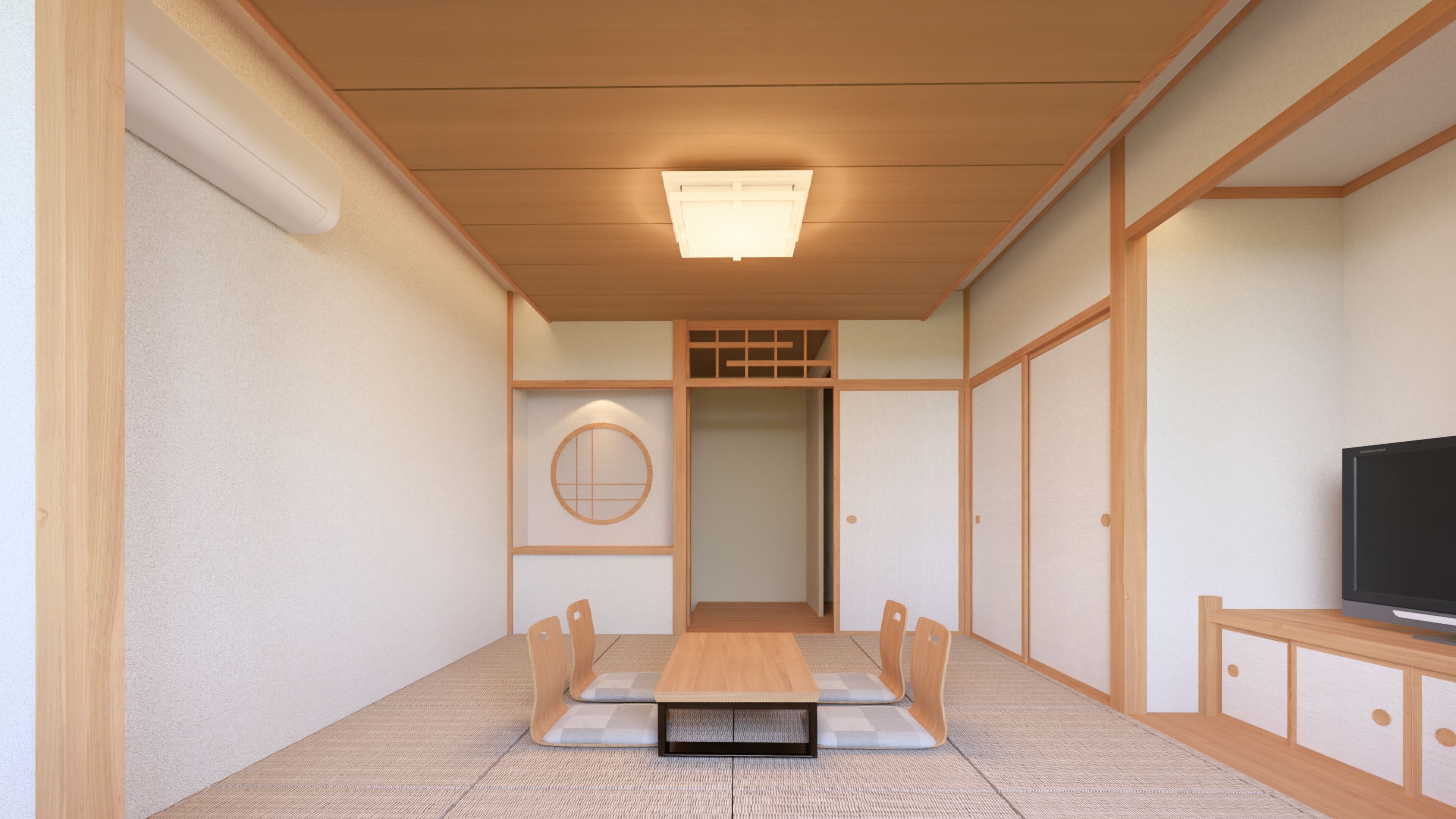 A traditional Japanese-style room with tatami flooring, a low wooden ceiling, a sliding door, and a television on a wooden stand.