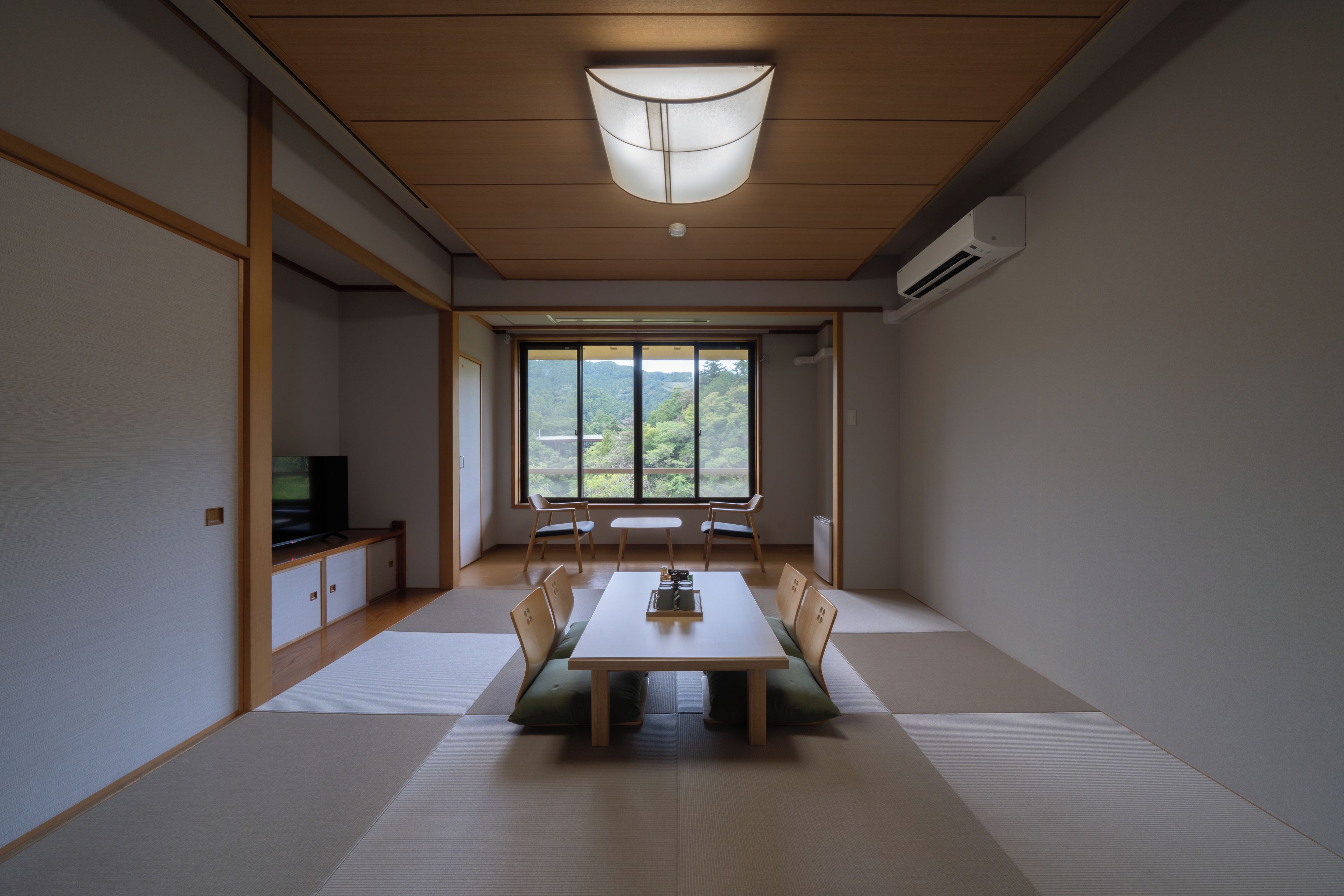 A minimalist Japanese-style room with tatami flooring, a low table, and a television on a cabinet.