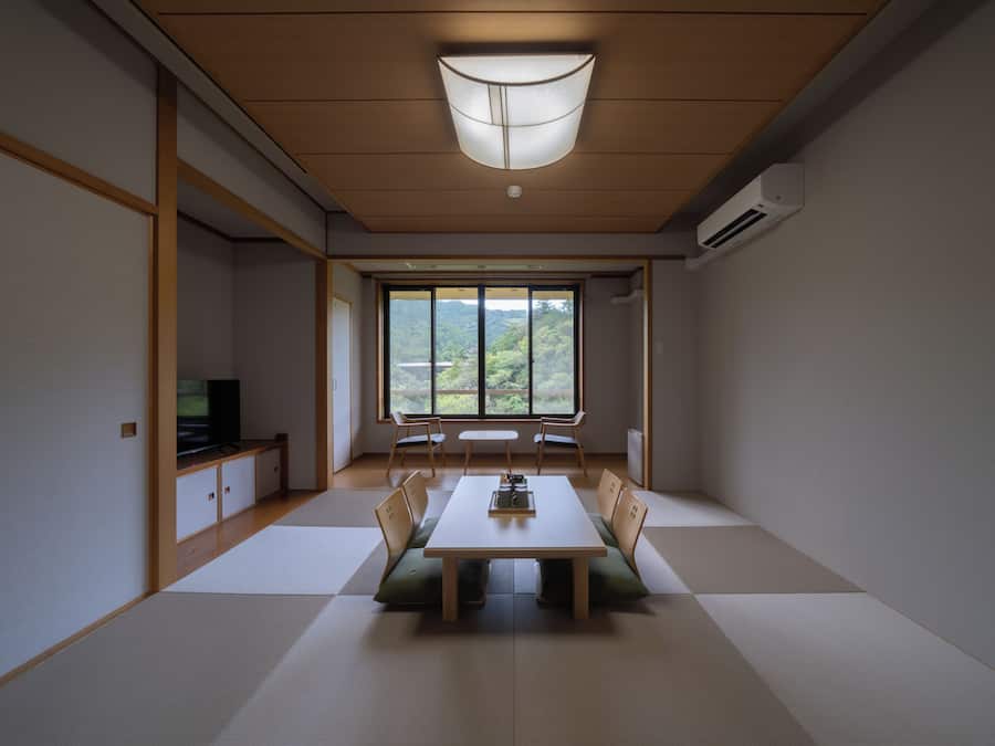 A minimalist Japanese-style room with tatami flooring, a low table, and a television on a cabinet.