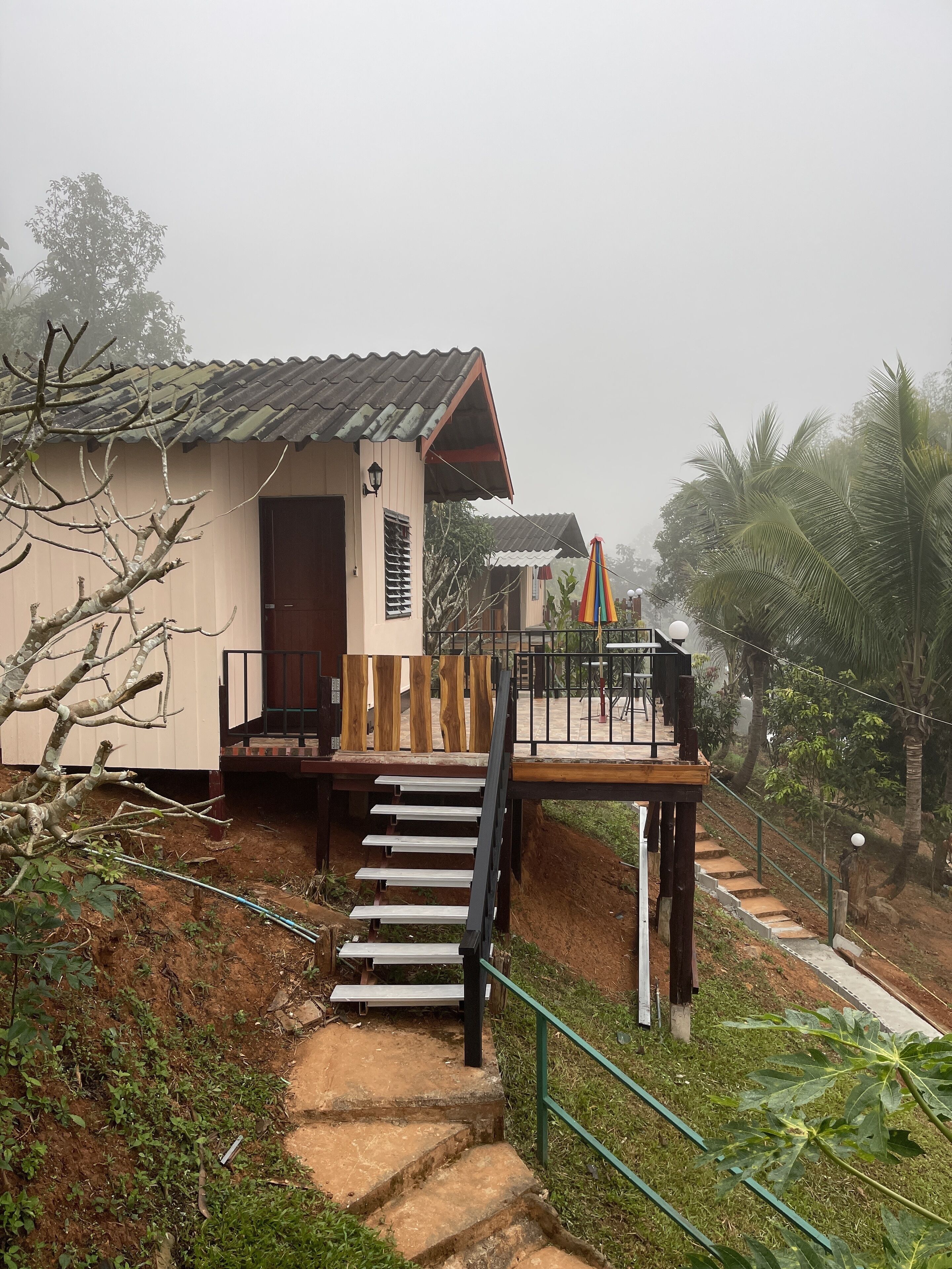 A house with a wooden deck, a staircase leading to a porch, and a view of a garden with palm trees.