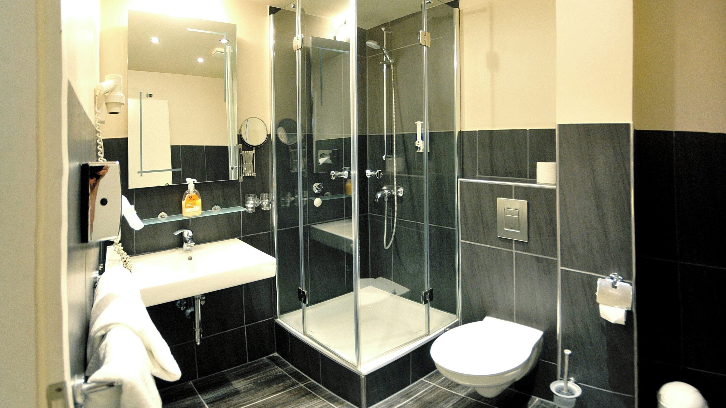 free toiletries, hair dryer, towels