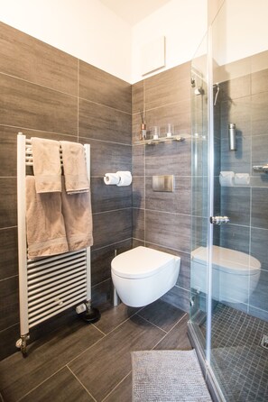 A modern bathroom with a glass shower enclosure, a white toilet, and a towel rack with two towels. - Hotel und Restaurant Fackelgarten (Plau am See)