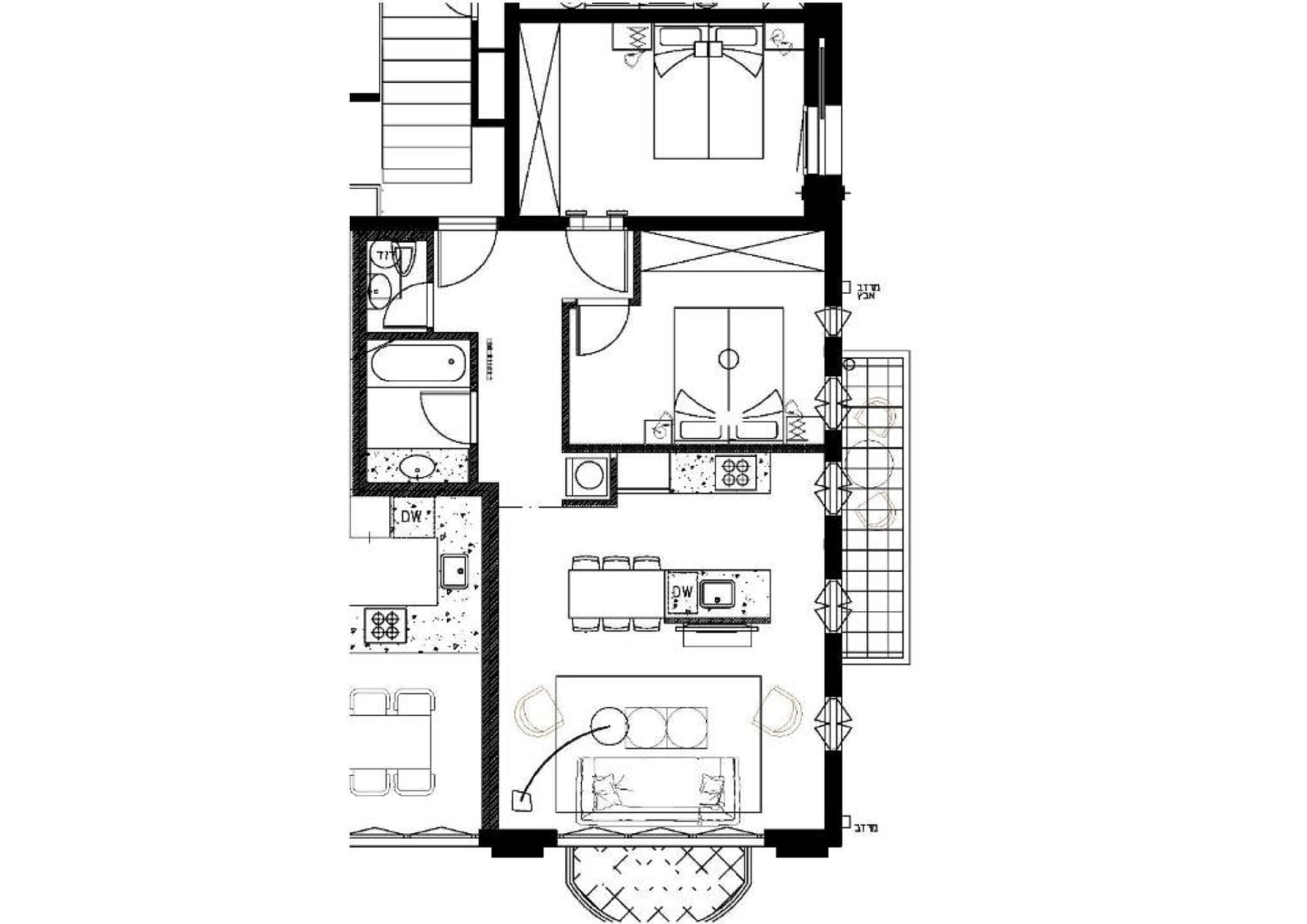 A floor plan with a living room, kitchen, two bedrooms, a bathroom, and a small balcony.