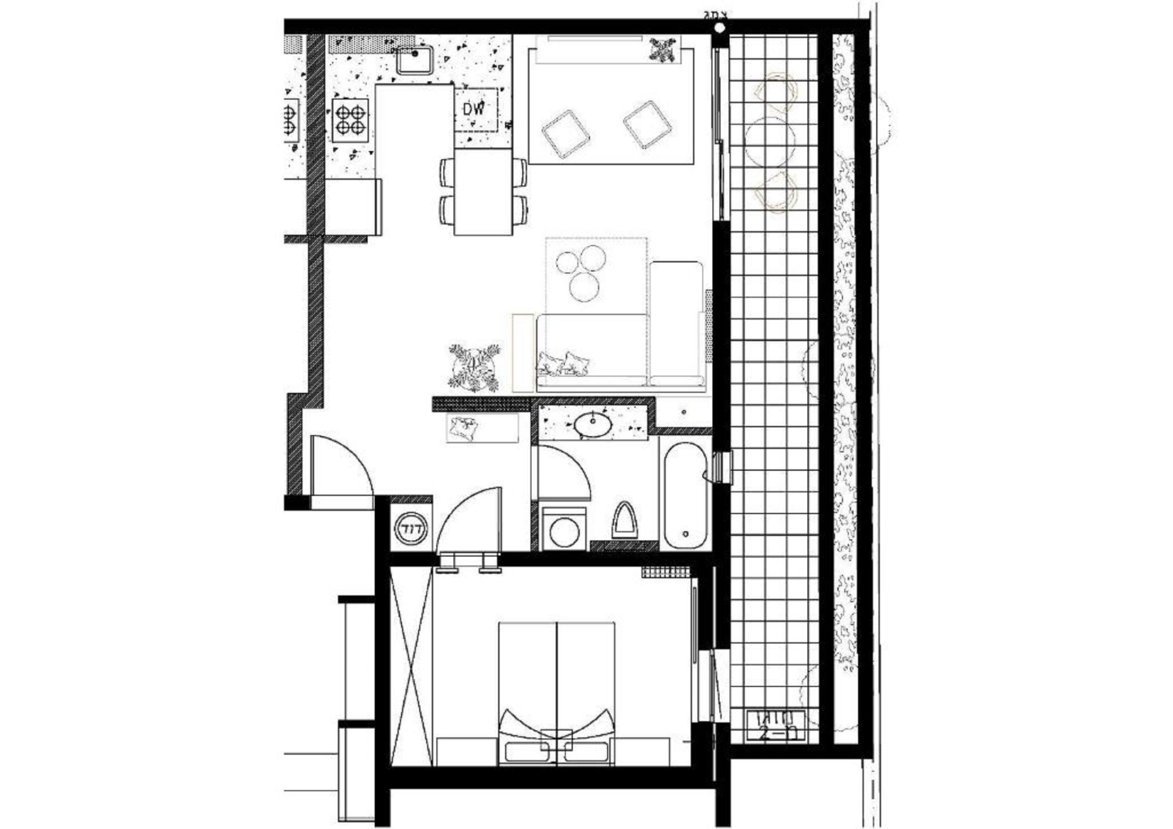 A floor plan of a hotel room with a bed, a desk, a chair, a small table, a sofa, a TV, a bathroom with a toilet and sink, and a shower area.