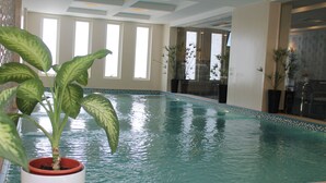 An indoor swimming pool with clear water, surrounded by windows and potted plants.