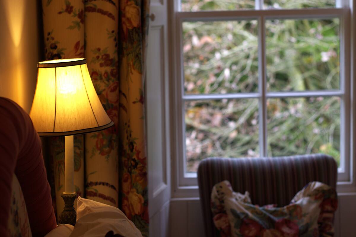Una habitación con lámpara, cortinas florales, ventanal con vistas a follaje y una silla a rayas.