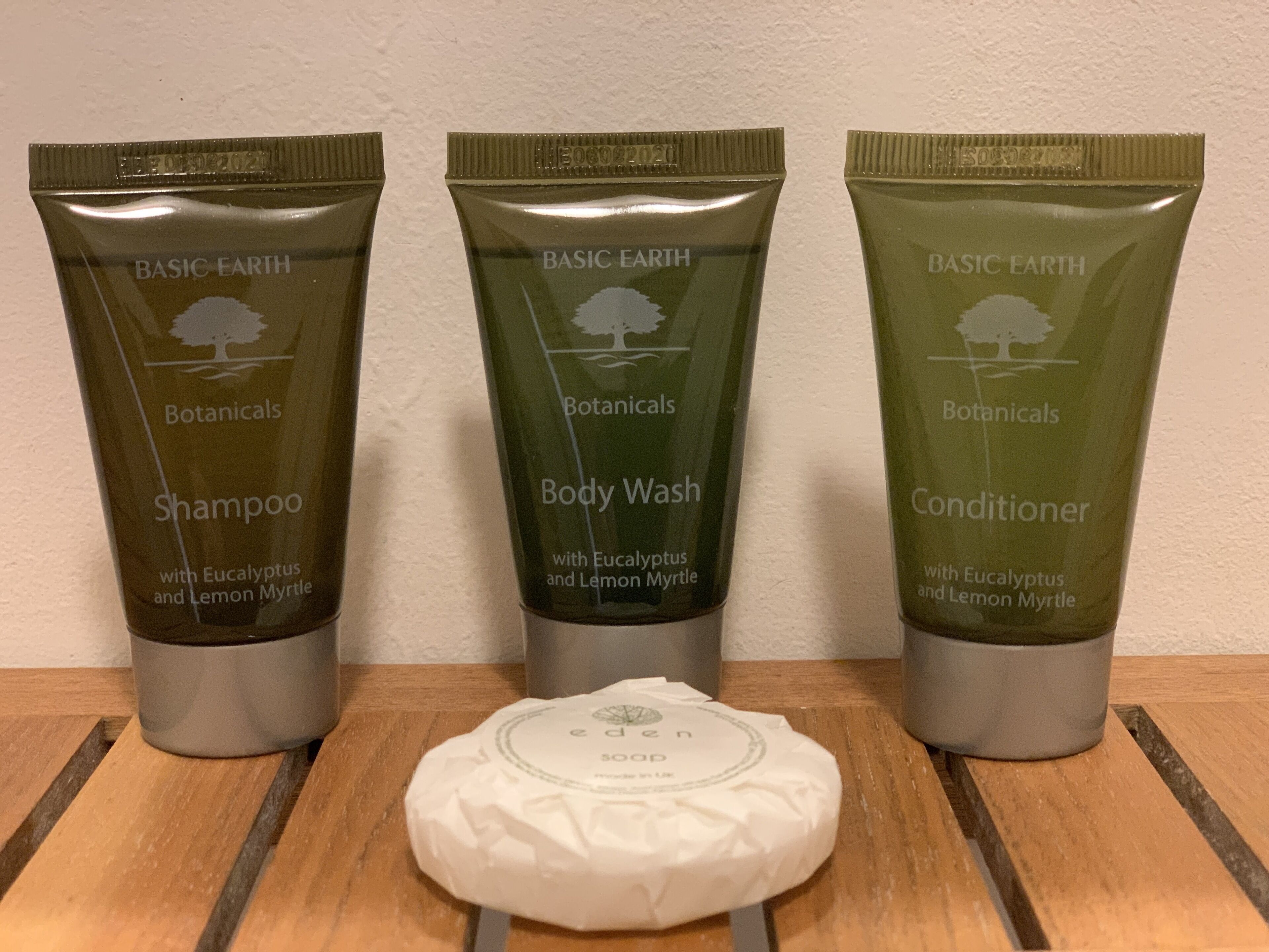Three Basic Earth Botanicals products: Shampoo, Body Wash, and Conditioner, each with eucalyptus and lemon myrtle, displayed on a wooden surface.