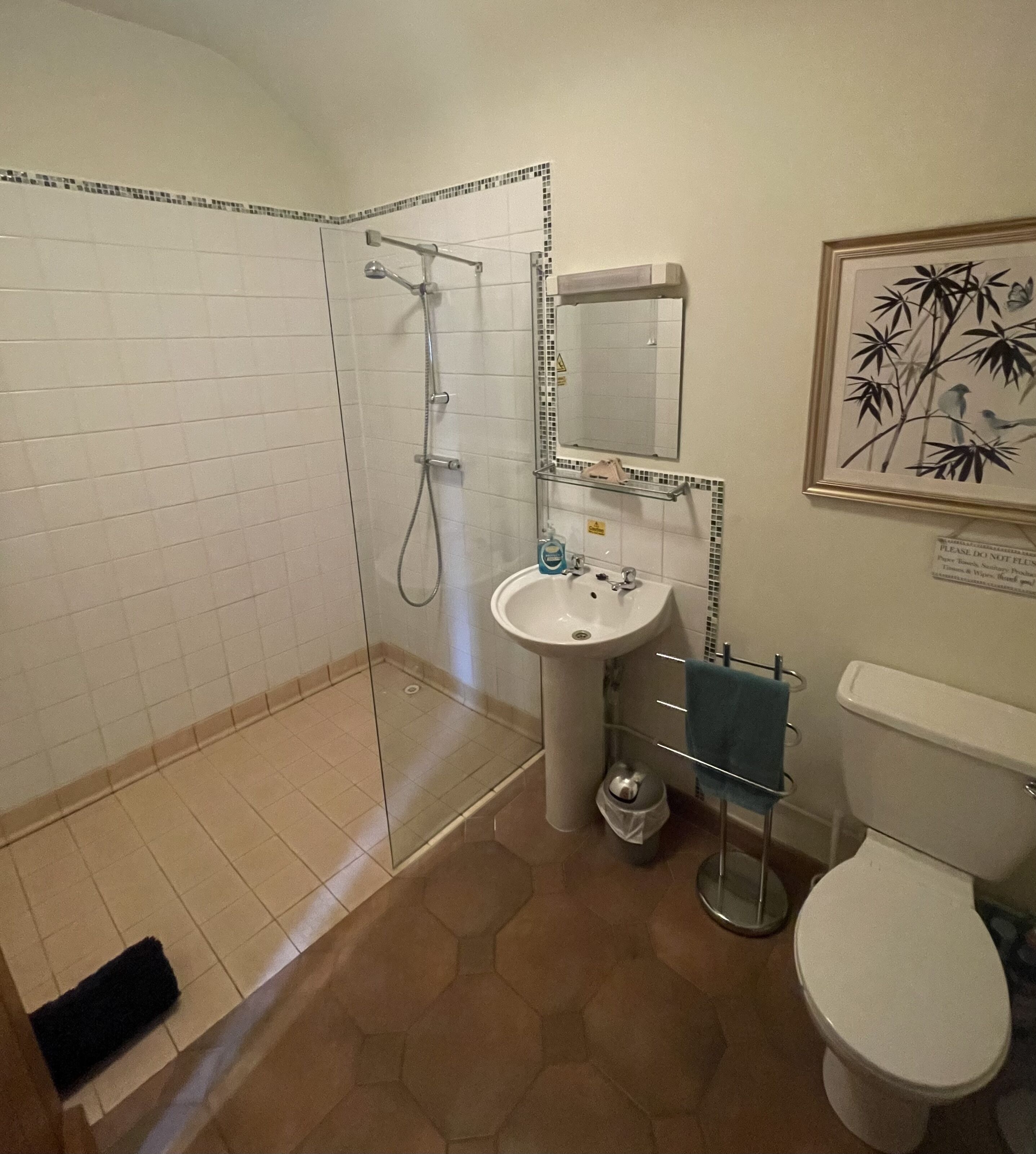 A bathroom with a glass-enclosed shower, a sink, a toilet, and a framed artwork on the wall.