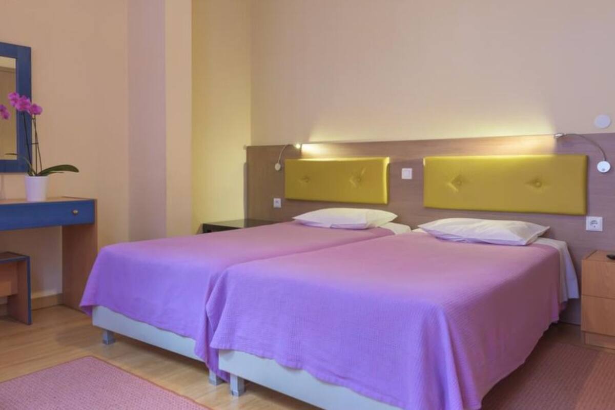 A double bed with a purple bedspread, a bedside table, a mirror, and a small potted plant.