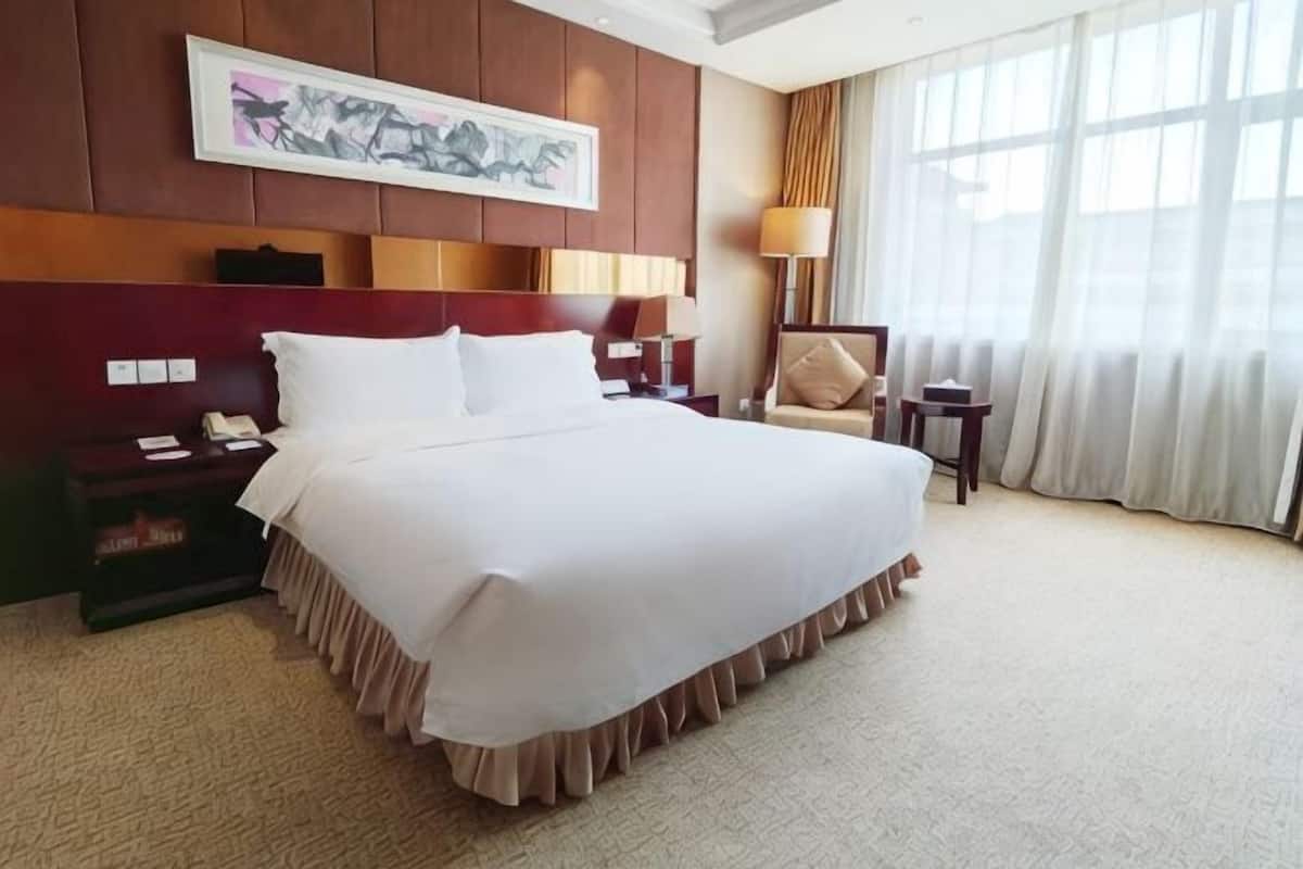 A hotel room with a large bed, a nightstand, a chair, a desk, and a window with curtains.