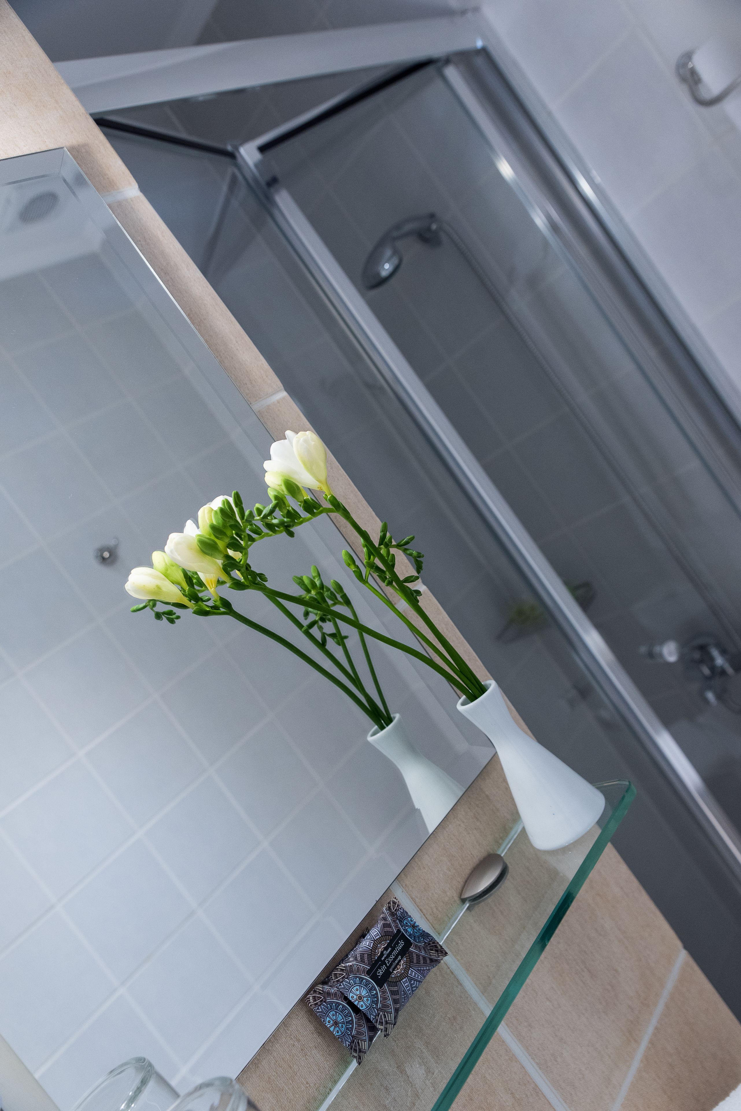 standard double room | bathroom | shower, designer toiletries, hair dryer, slippers