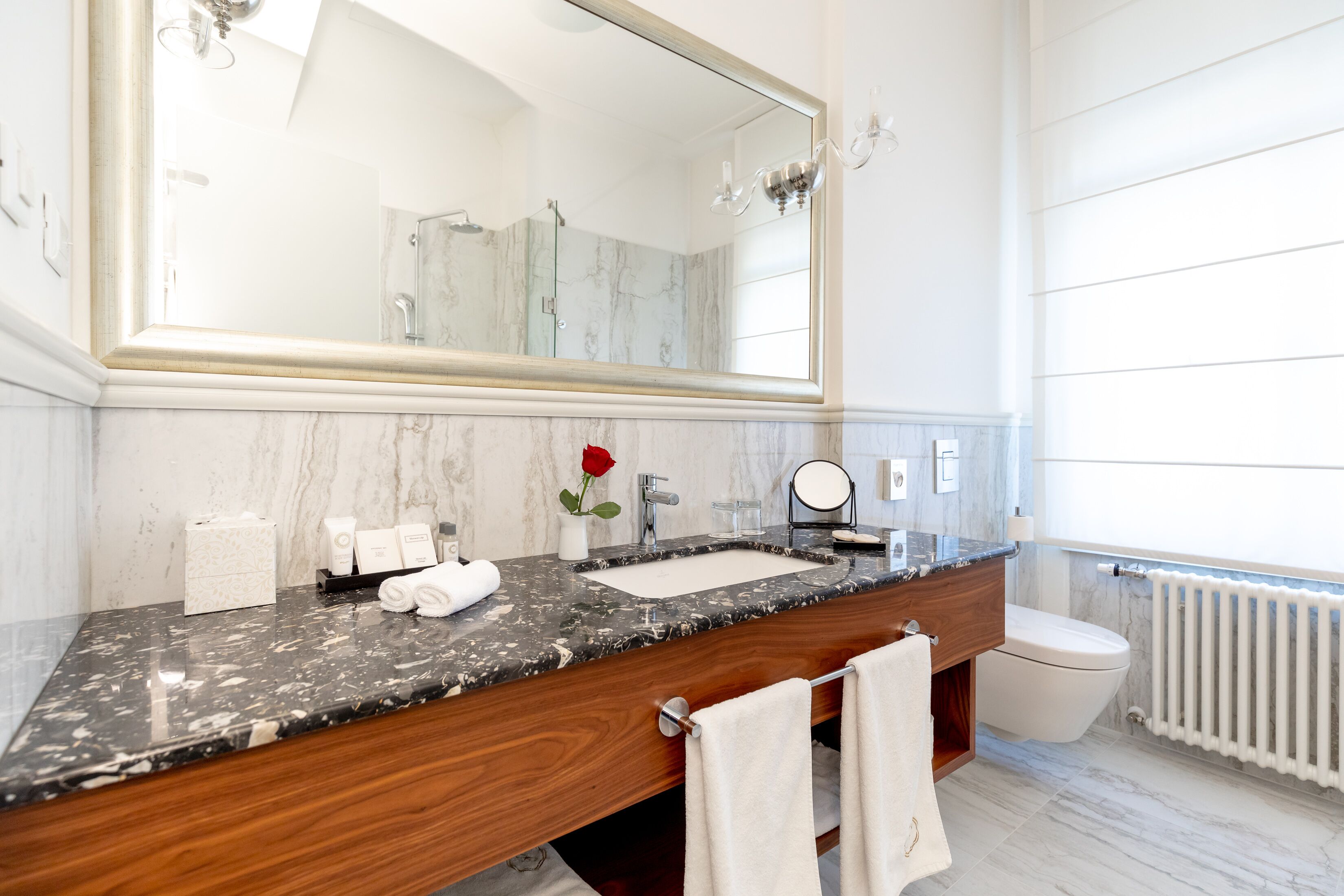 deluxe suite | bathroom | rainfall showerhead, designer toiletries, hair dryer, bathrobes