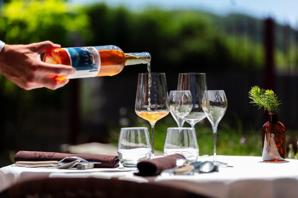 A person pouring a drink into a glass, with several other glasses and a small plant on a table.