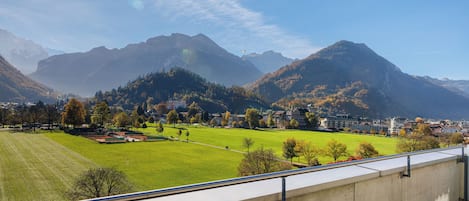 A scenic view of a mountainous landscape with a clear sky, a green field, and buildings in the valley.