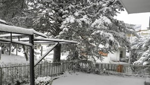 Un espacio al aire libre cubierto de nieve, con una cerca de metal, un pérgola de madera y árboles cargados de nieve.